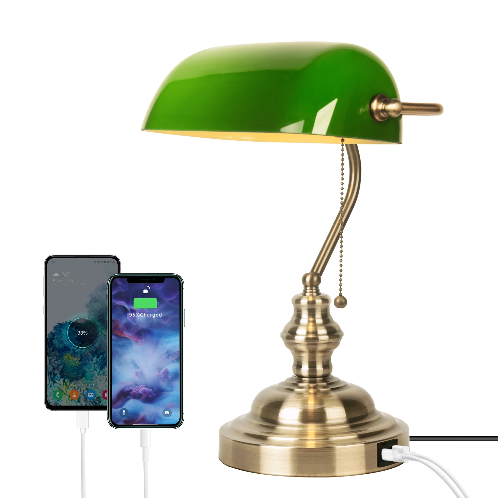 

Green Glass Bankers Lamp with 2 USB Port，Pull Chain Switch Desk Lamp with Brass Base