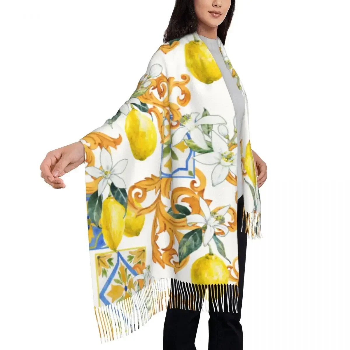 Bufanda de invierno con flores de limón para mujer, chales de envoltura fina, bufandas cálidas con borlas, monogramos dorados, Bufanda peluda, estola