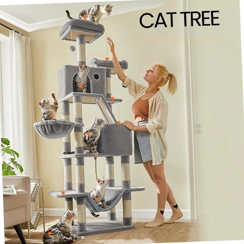 

Multi Functional Cat Tree Tower with Hammock Scratching Posts, Perches for Cats to Climb Rest Enjoy Playtime