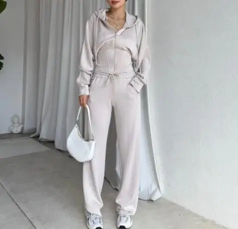 

2025 Solid Color Waist Cinched Hooded Sweatshirt Jacket and High Waisted Straight Leg Pants Set for Autumn Women's Sports Suit