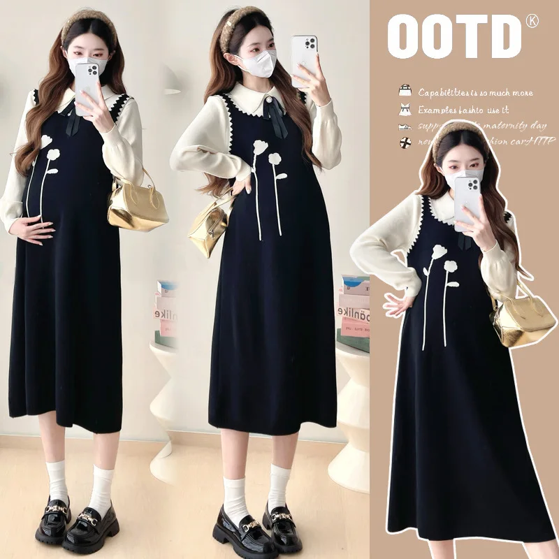 妊娠服-冬用-長袖ニットドレス-花柄-モックツーピースデザイン-マタニティウェア-快適でスタイリッシュ