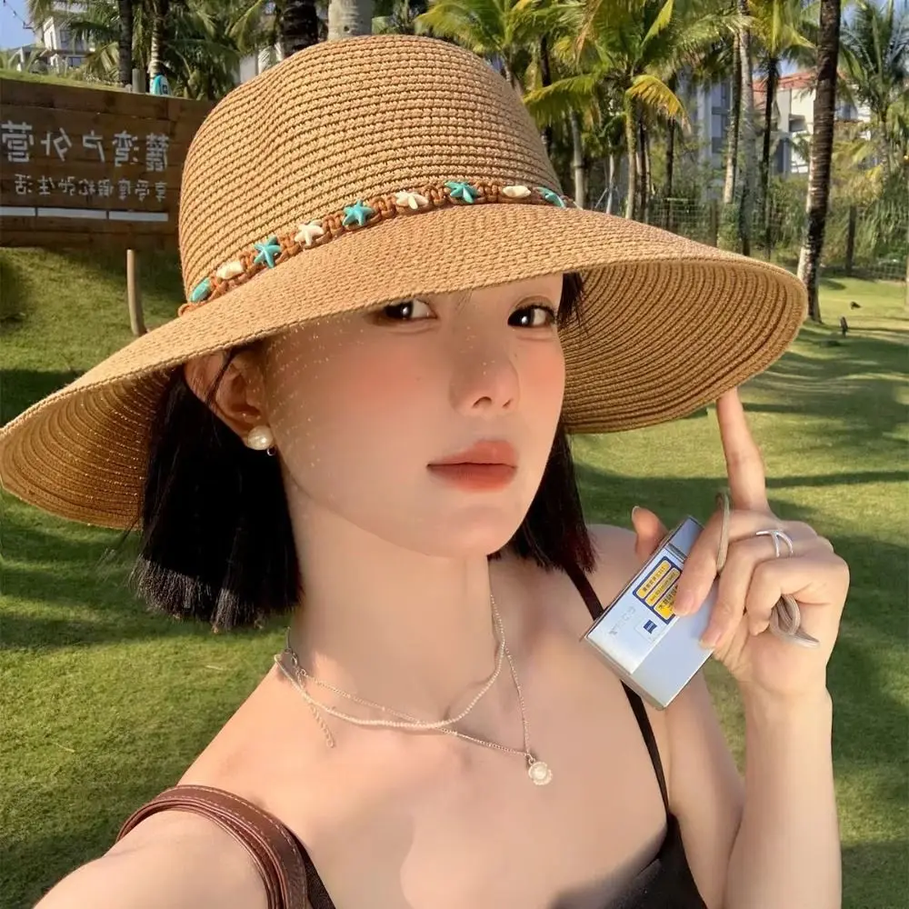 

Fashion Starfish Straw Hat Sun Protection Wide Brim Woven Hat Foldable Elegant Sun Cap Holiday