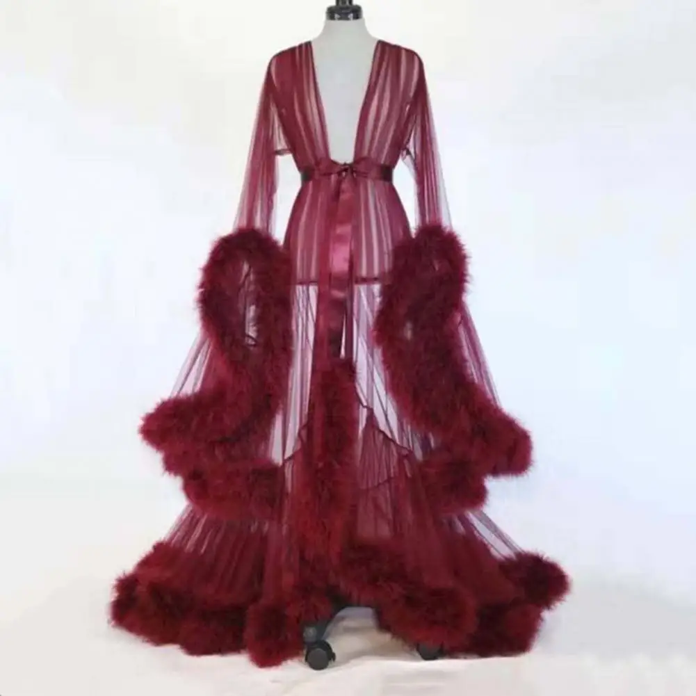 Women Honeymoon Bathrobe See-through Mesh Fluffy Sleeve Pleated Bath Dress A-line Lace-up Bow Waist Wedding Nightdress