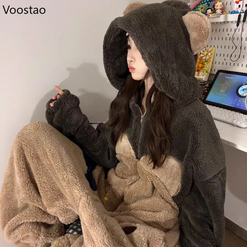 Sweet Bear Hooded Onesies Women Pajamas Cute Pijama Winter Fleece Warm Sleepwear Kawaii Lady Nightwear Pyjamas Jumpsuit Homewear