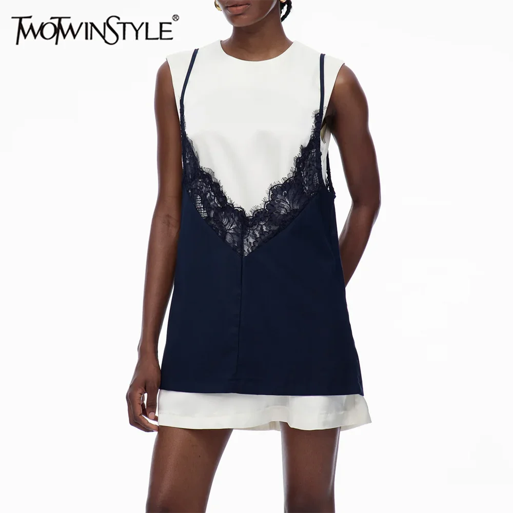 TWOTWINSTYLE Hit Color Spliced Lace Casual Dresses for Women Round Neck Sleeveless Basics Mini Dress Female Fashion Clothing New