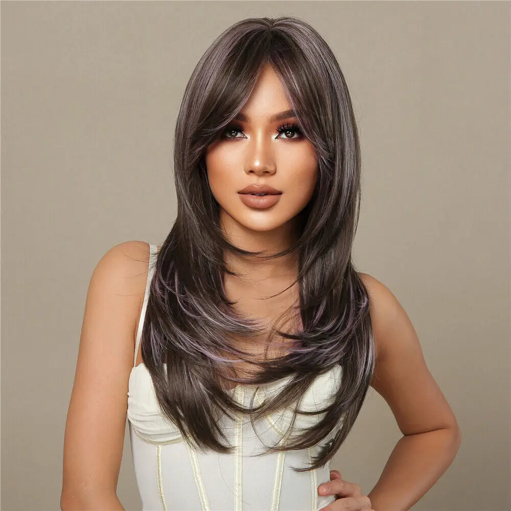 Dark Brown Mixed Purple 23 Inch Synthetic Wigs with Bangs Long Straight Wigs US