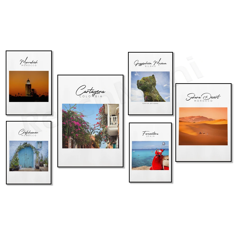 Cartagena - Colombia, Bilbao, Red Vespa in Formentera - Spain, Marrakech, Sunrise in Sahara desert - Morocco travel poster