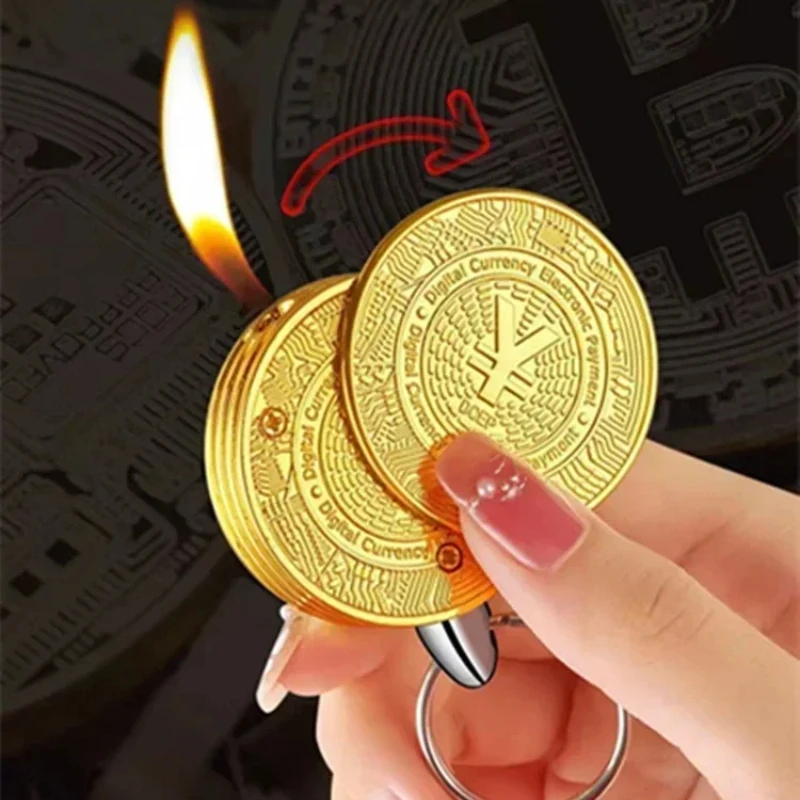 2025 New Creative Bitcoin Butane Gas Lighter  Personality Coin Torch Lighter with Keychain Portable Mini Fun Gadgets for Men