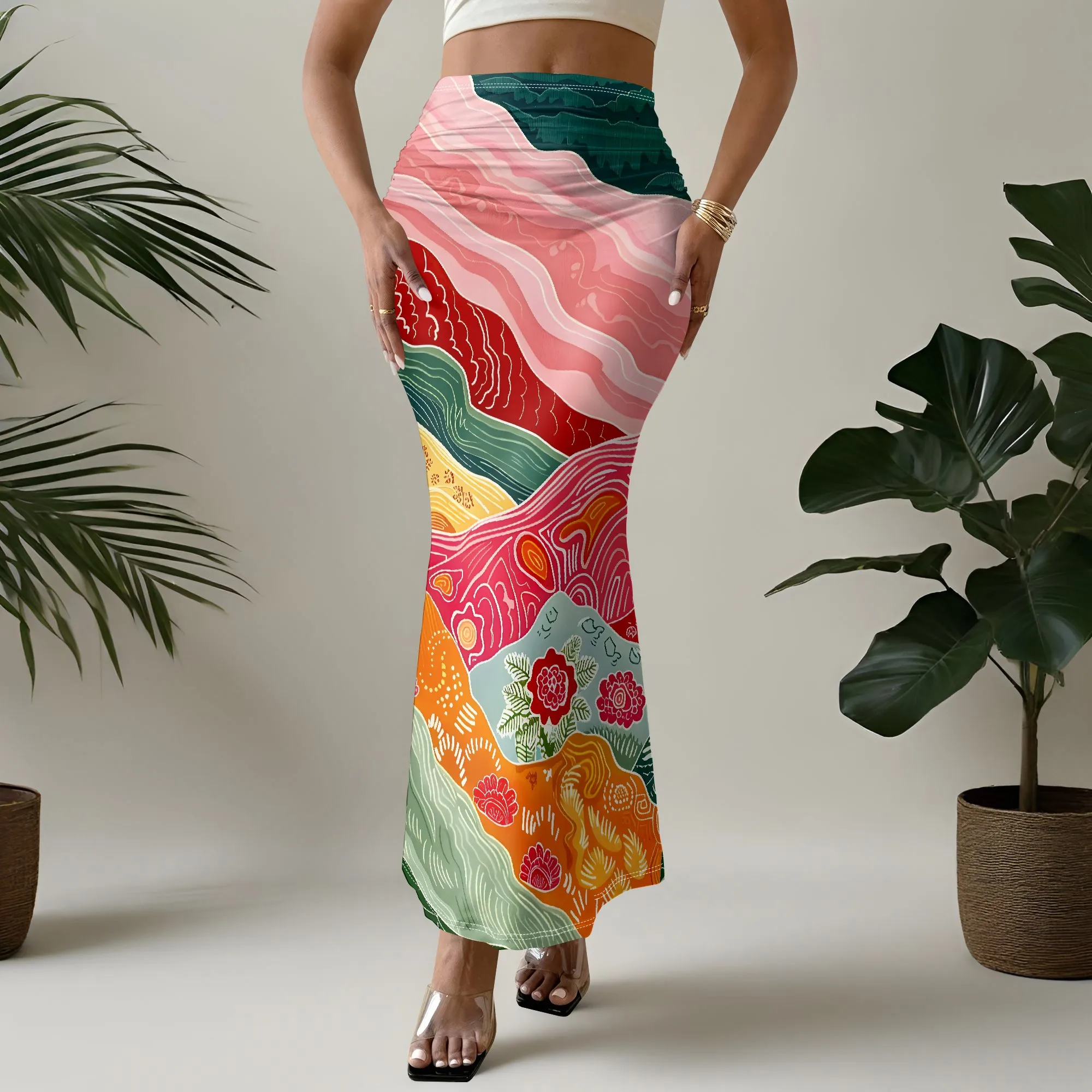 Boho Print Mermaid Skirt, Abstract Wave Design, Floral Art Pattern, Beach Vacation Wear, S-2XL