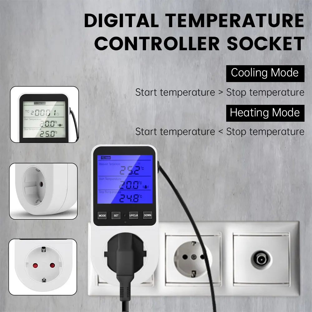 -40~120℃ AC 230V Smart Temperature Control Socket With 1.7m Temperature Sensor Probe High/low Temperature Alarm Function