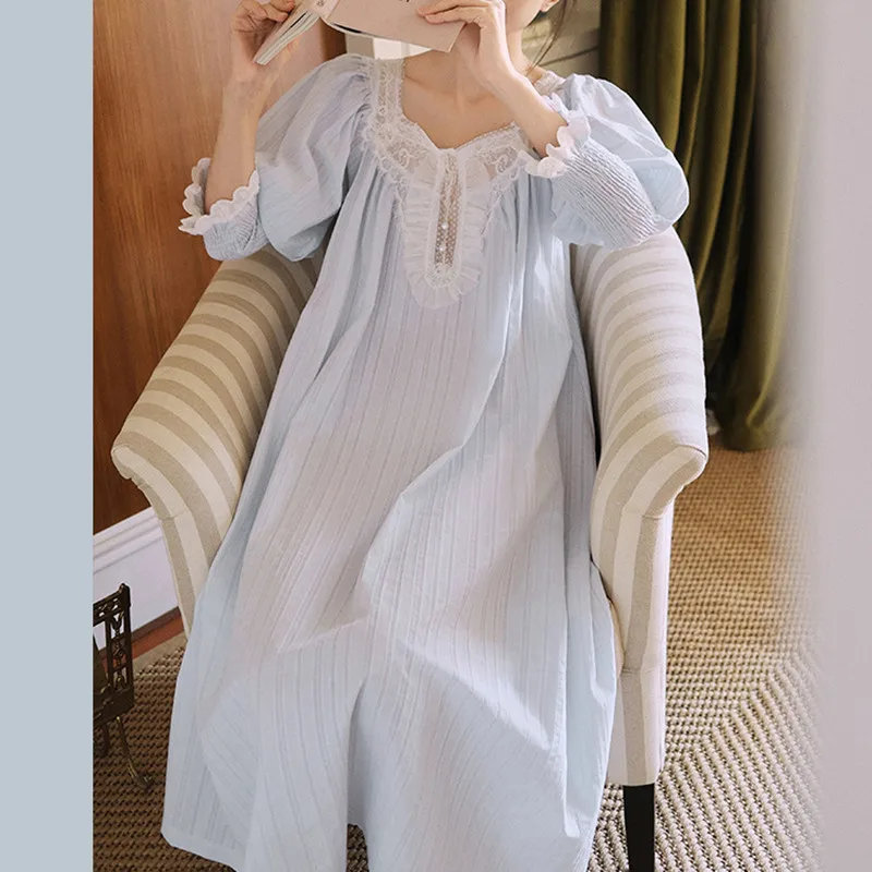 2024 Women French Style Cotton Long  Nightdress Sexy Lace Decor Square Collar Nightgowns Girls Sweet White Mid-Calf Nightie New