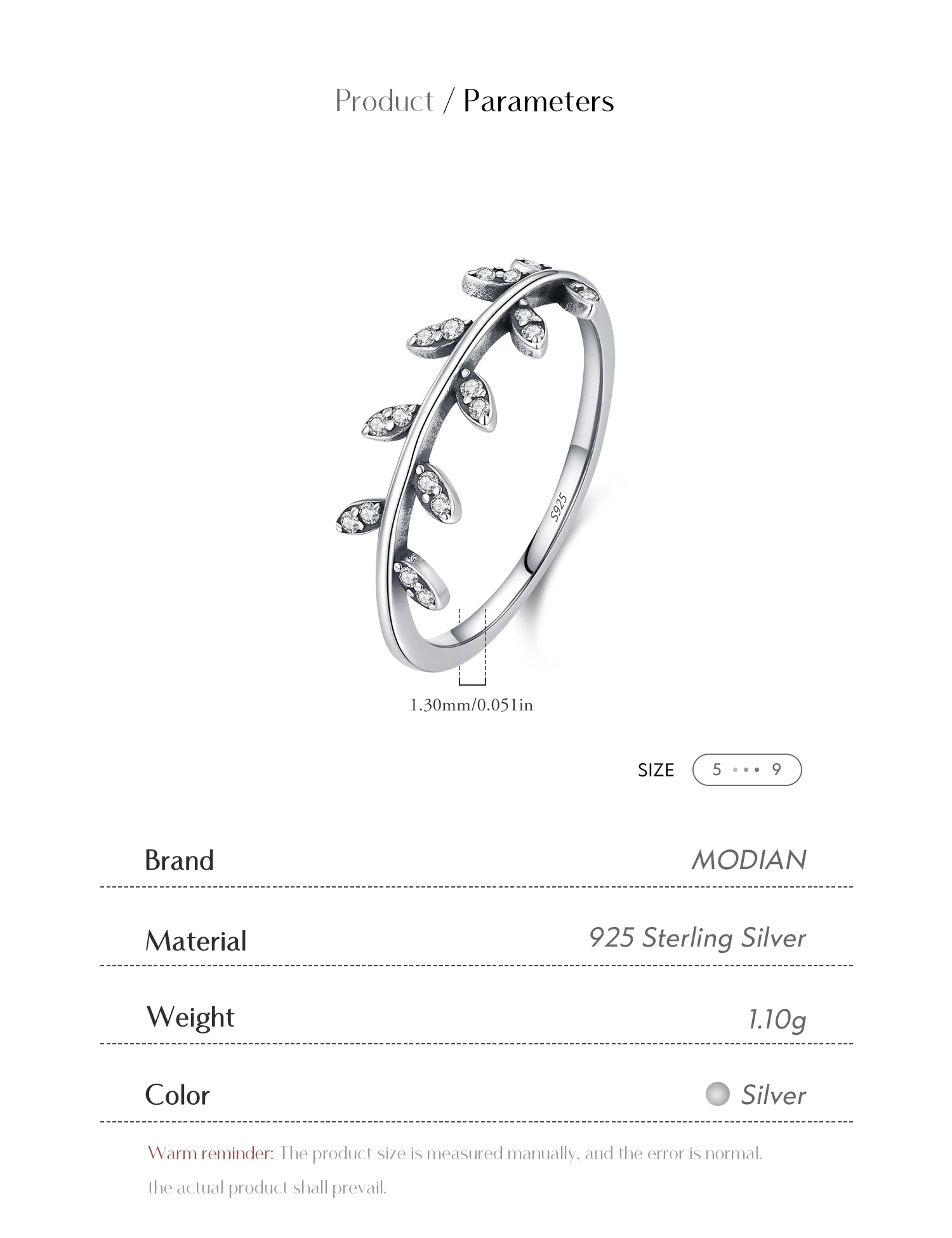 MODIAN Ring aus 925er-Sterlingsilber mit Blattzweig-Motiv, klarem Zirkonia, Olivenzweig, dünn, stapelbar, Fingerringe für Damen, Natur, edler Schmuck – Detail 4