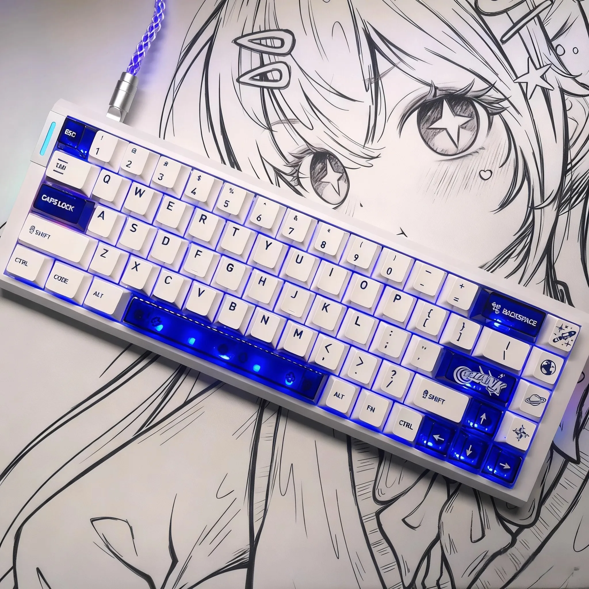 

Acidic Blue-White Theme Keycaps PBT+PC 120 Keys Cherry Profile CustomTransparent Keyboard Cap for Mechanical Keyboard Gifts