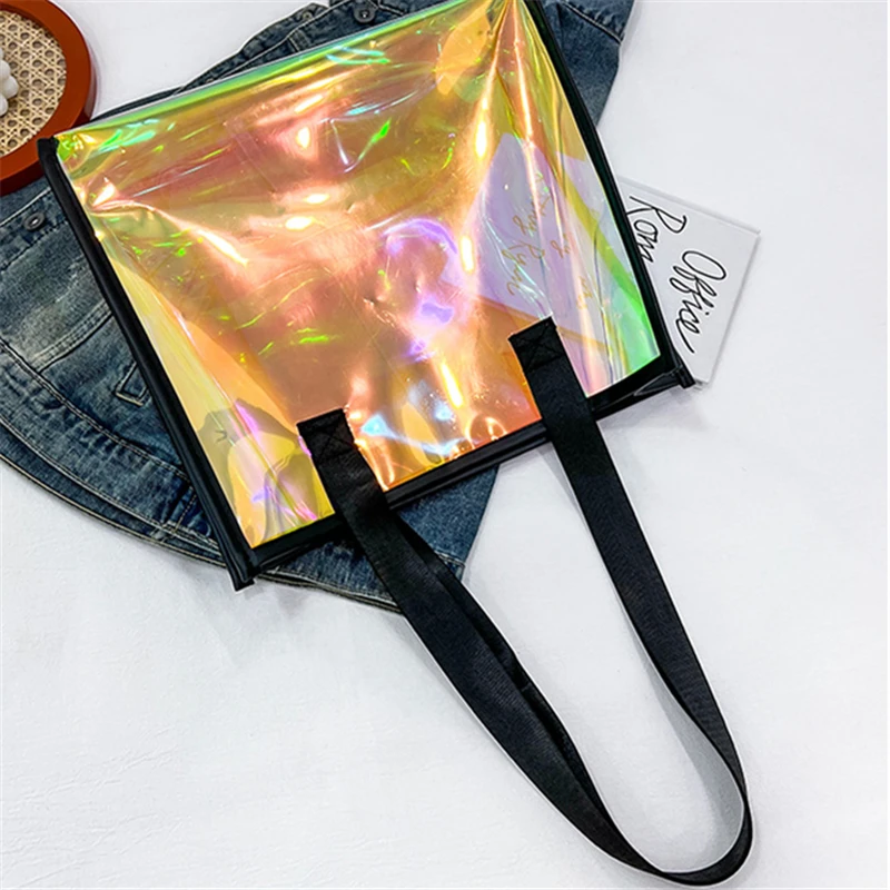 Women\'s PVC Simple Casual Tote Bags Large Capacity Colorful Shoulder Handbag 2022 Fashion Laser Transparent Beach Shopping Bag