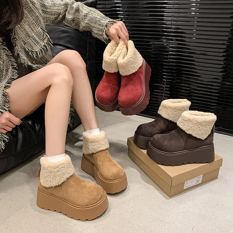 

Cow Suede Ankle Snow Boots Flat with Winter 2025 High Quality Ladies Shoes Round Toe Mid Heel Zipper Concise Women's Boots New