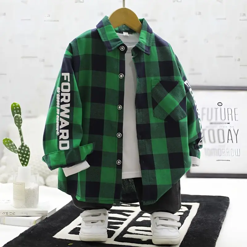 

Boys' Long-Sleeved Shirt 2023 Autumn New Children's Plaid Shirt Children and Teens Autumn Clothing Coat Top