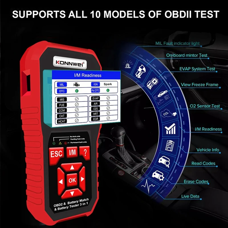 KONNWEI KW880 12V Car Battery Tester Analizer Auto Diagnostic Tool Battery Match 3 In 1 Car OBD2 Scanner Full OBD2 Function