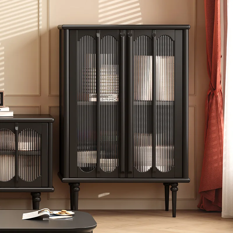 

American side cabinet storage solid wood high side cabinet retro black high-end living room wine cabinet bookcase locker