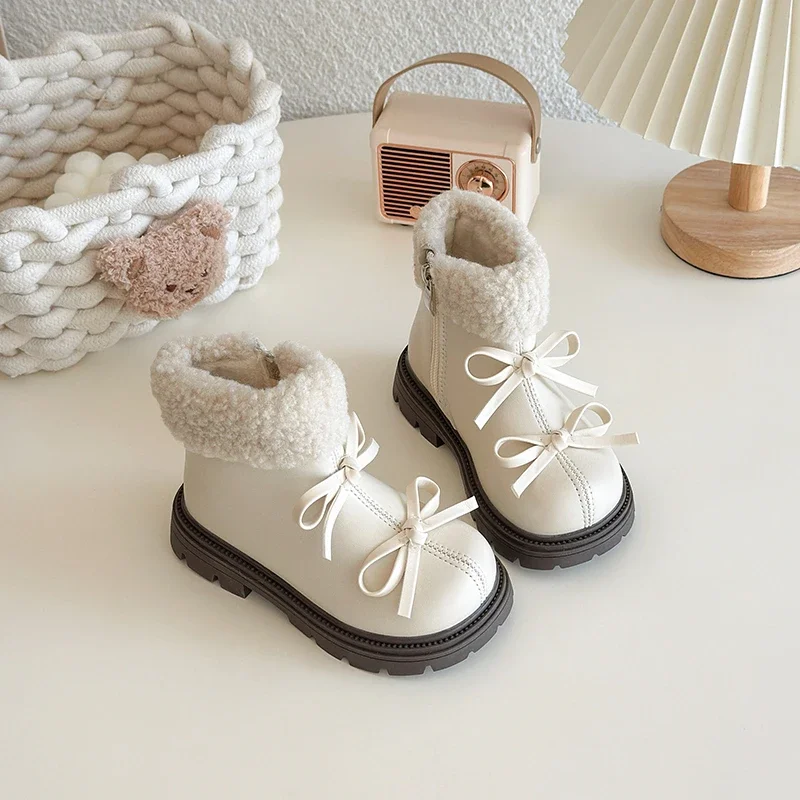 

Sweet Girls Platform Cotton Boots Elegant Bowknot Kids Winter Princess Ankle Boots Wedding Party Children's Fashion Plush Boots