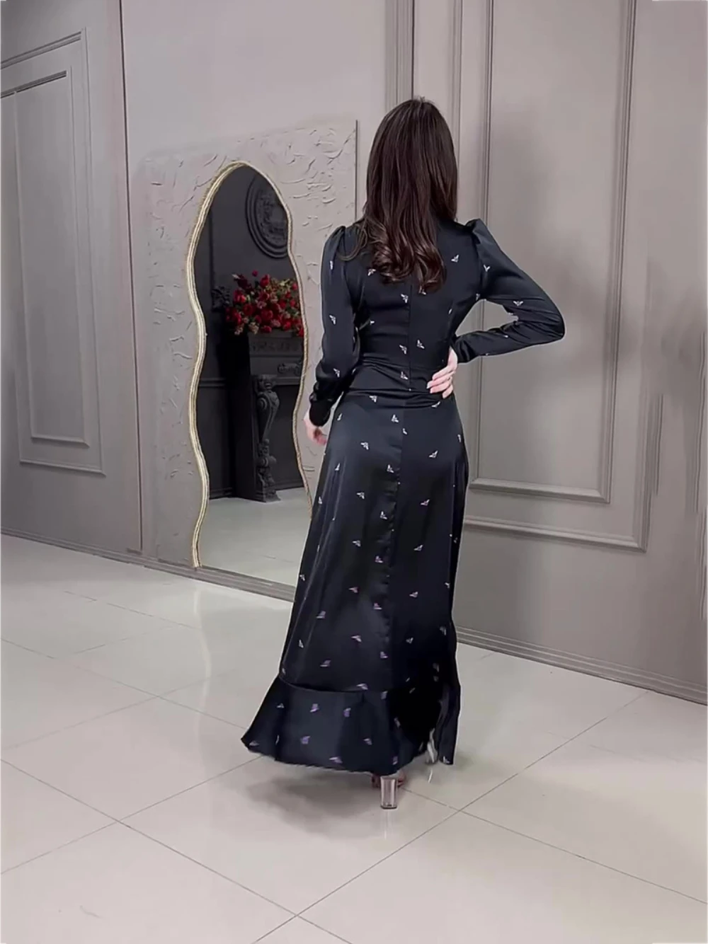 Rüschenes schwarzes High-Neck-Abendkleid, romantisches Partykleid mit langen Ärmeln, klassische Alltagskleider für Frauen, auf Lager