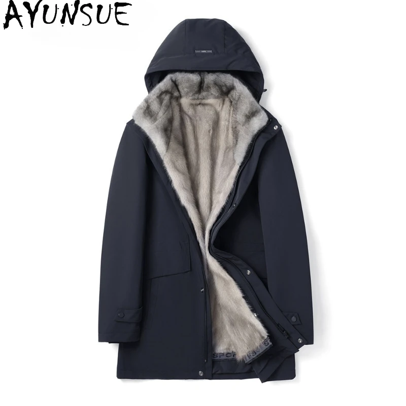 AYUNSUE Parkas en vraie fourrure hommes de luxe hiver mi-long manteau de fourrure détachable doublure de fourrure de vison veste homme vêtements chaud Parkas à capuche