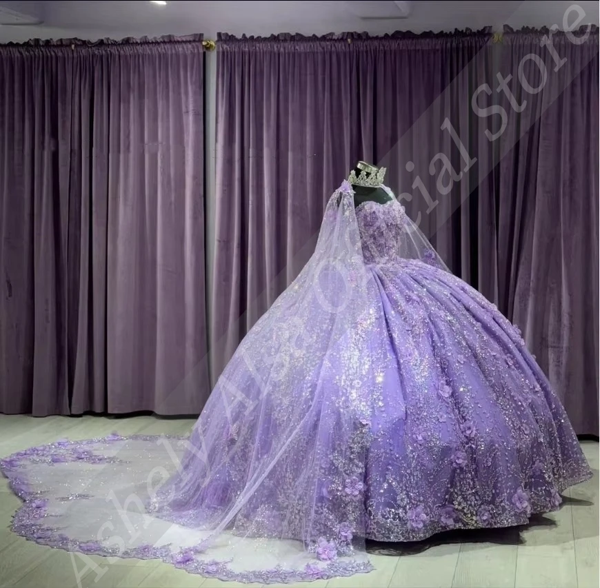 AQ16 personalizado mexicano lavanda Vestido De xv Anos flor apliques Vestido De baile dulce 15 16 años niña Vestido para quinceañeras con capa