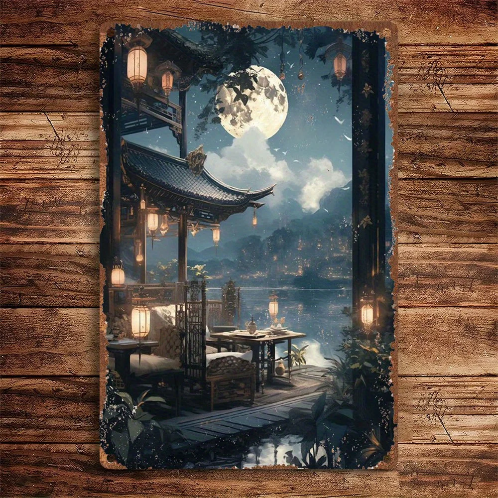 One Vintage Metal Tin Sign Featuring a Serene River Scene Illuminated by Lanterns And a Pagoda, Perfect for Decorating Walls i