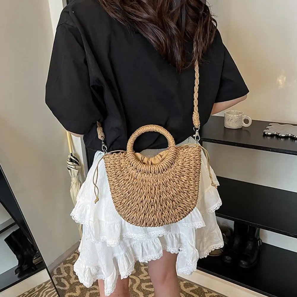 

Braided Straw Bag Natural Straw Hand-woven Bag Hand-woven Straw Clutch Purse with Round Top Handles Removable Shoulder Handbag