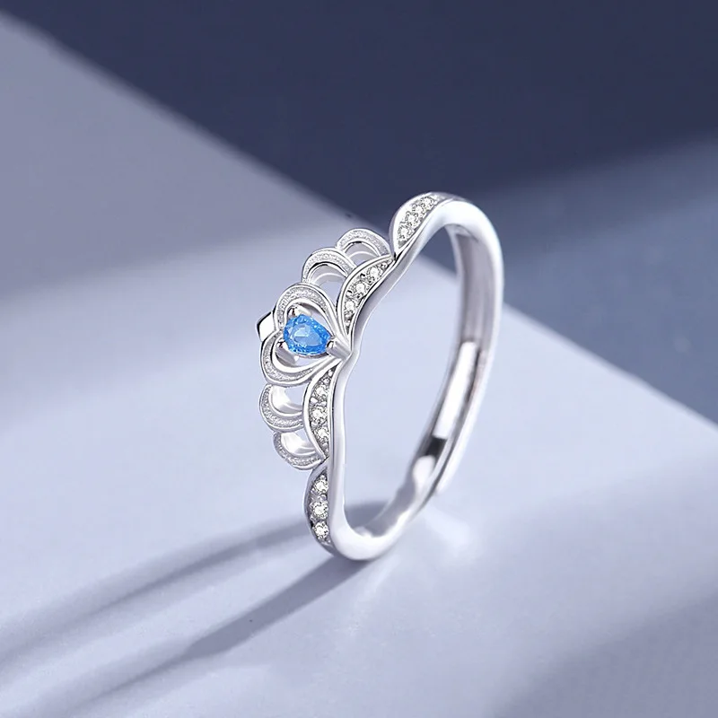 

European 925 Silver Sparkling Zircon Female Size Adjustable Male Blue AAA CZ Couple Ring Valentine's Day Gift