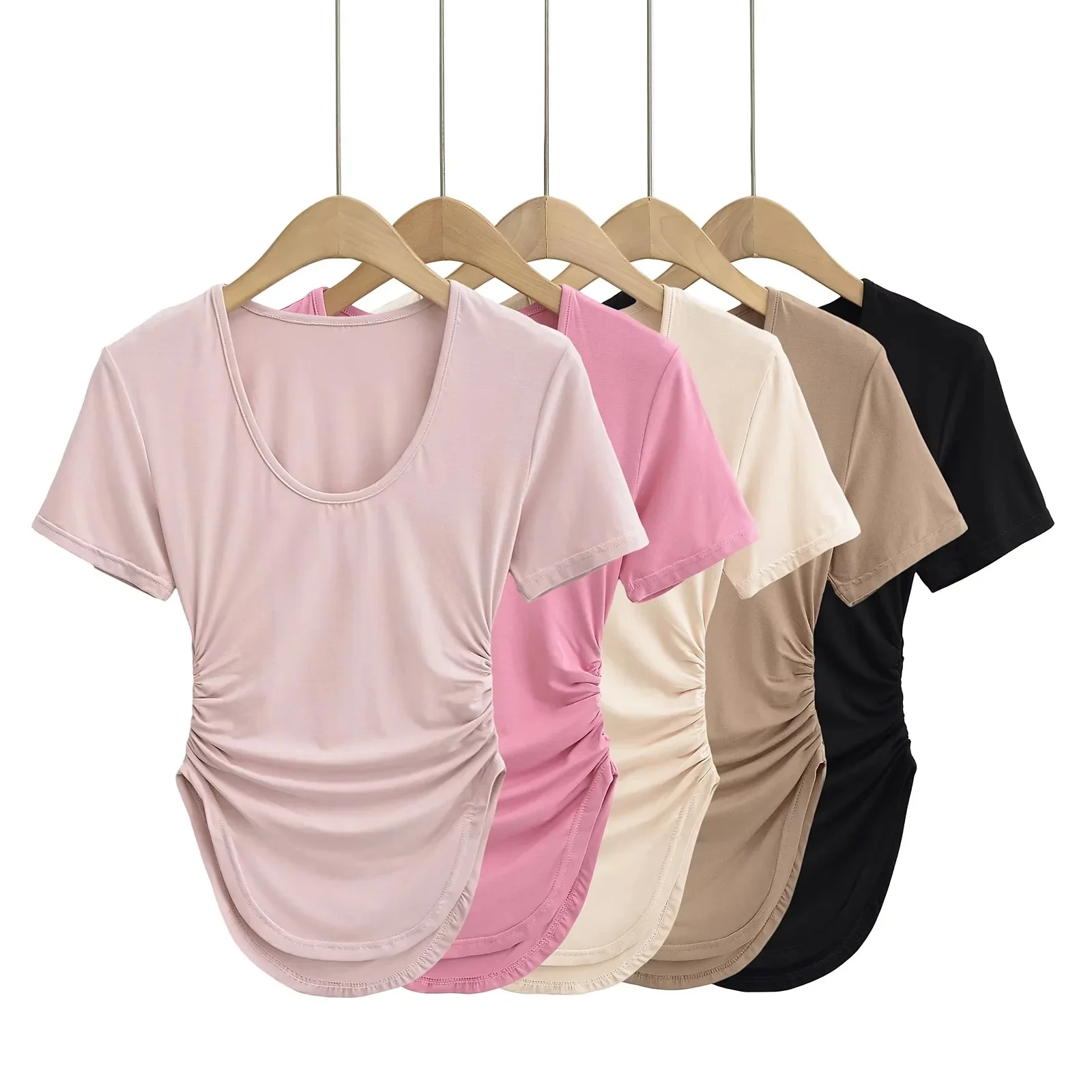 

Purely desirable girl's U-neck ruched slim-fit top with a stylish curved hem waist-cinching bust-enhancing slimming BMFR