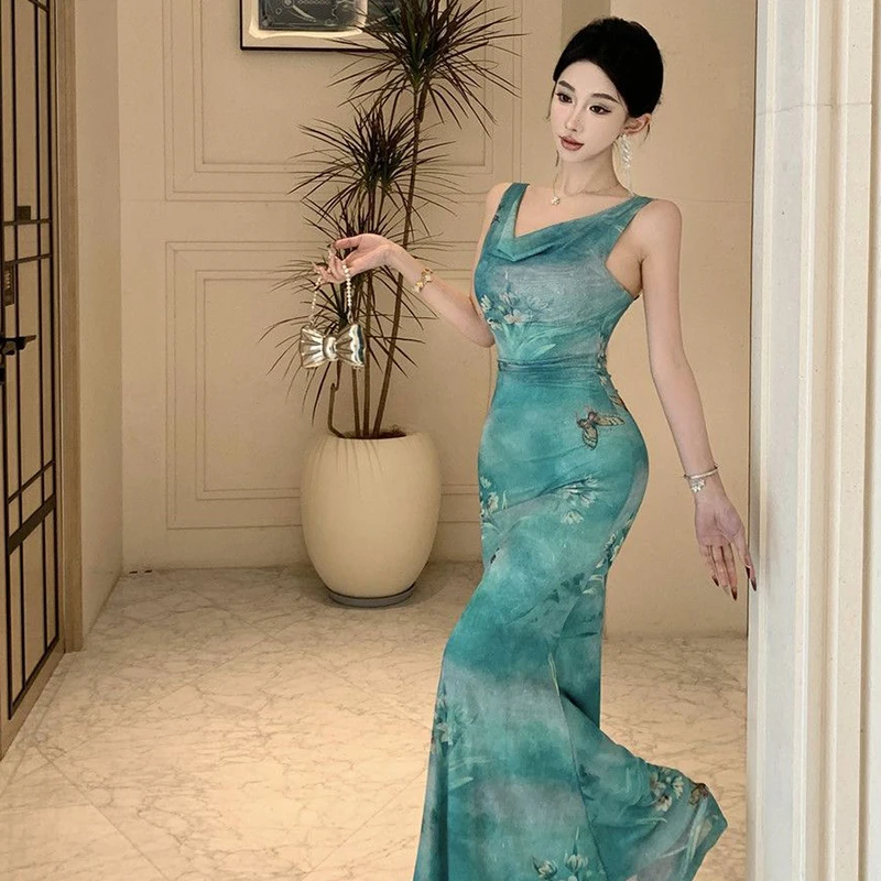 여성을위한 나비 프린트 메쉬 드레스 슬림 피트 민소매 엉덩이 포옹 롱 스커트