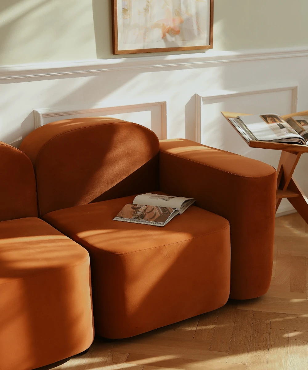 Caramel colored Nordic modular fabric sofa, small unit flannel, modern and minimalist