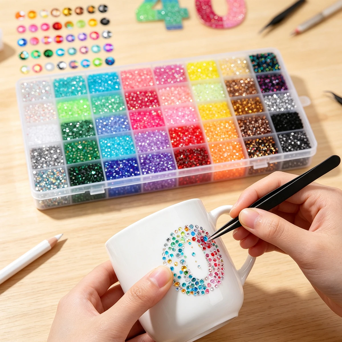 40 Grid Multi-Color Resin Rhinestone Manicure Kit with Free Tweezers Dotting Pen DIY Flat Back Crystal Gem Decoration Suitable for Crafts Cups Shoes Cosmetics Manicure Nail Decoration