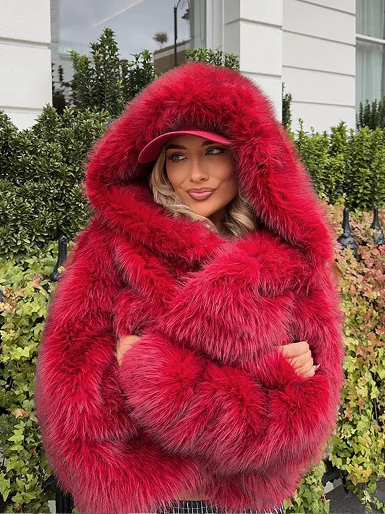 Fashion Red Warm Fluffy Long Sleeves Faux Fur Coat Elegant Hooded Solid Color Loose Short Jacket New Woman Winter Commuter Wear