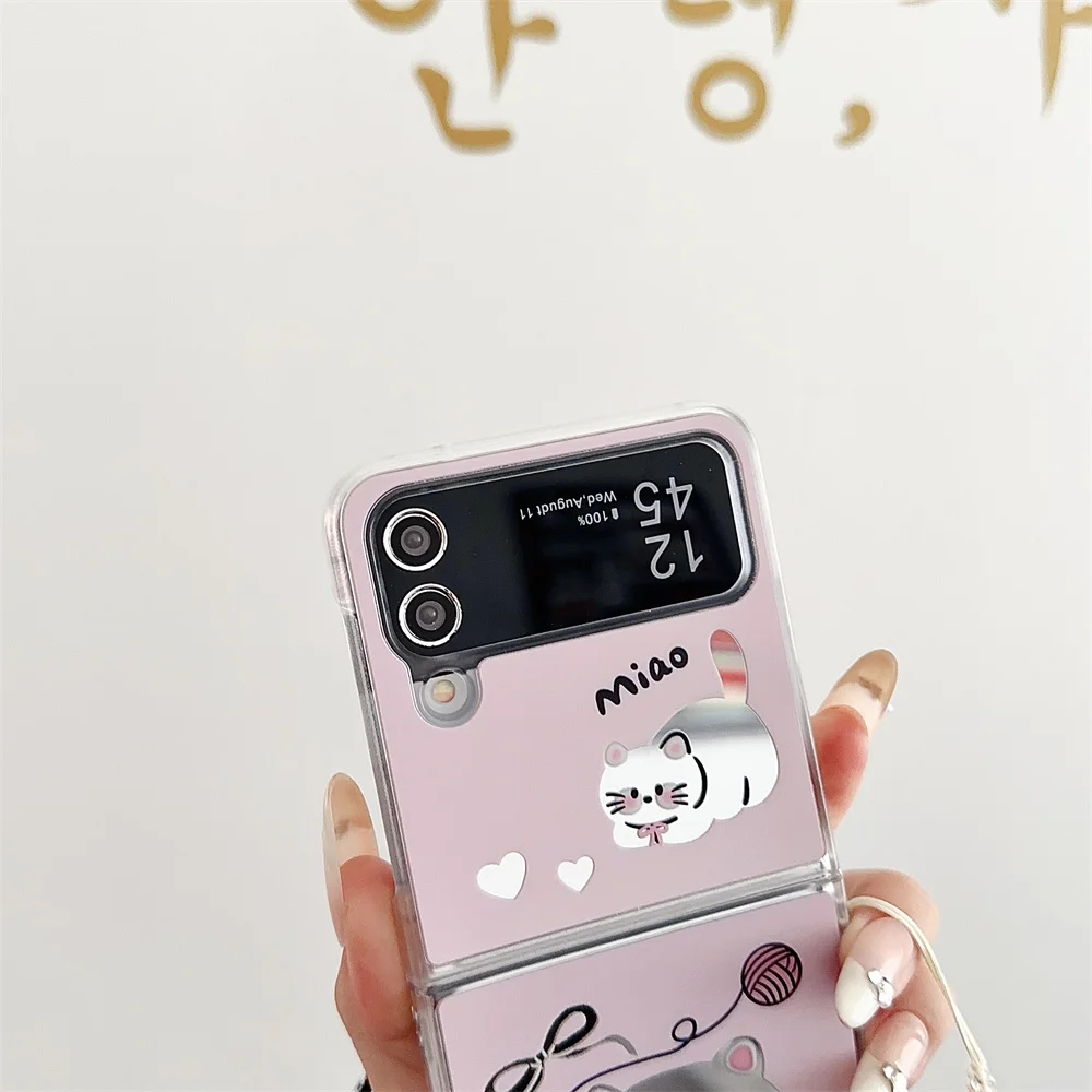 Cute Cartoon Cat Mirror Bracelet Case for Samsung Galaxy Z Flip 6 5 4 3 flip6 Dog Wrist Chain Make Up Shockproof Korean Cover