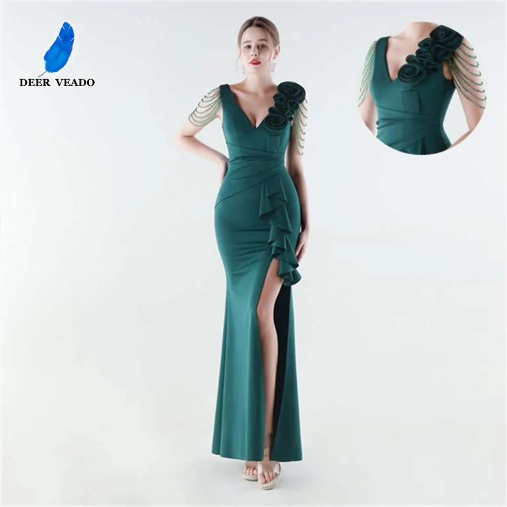 DEERVEADO Vestidos de noite sereia com decote em V e miçangas Vestido formal elegante feminino para ocasiões especiais Vestidos maxi de festa de baile