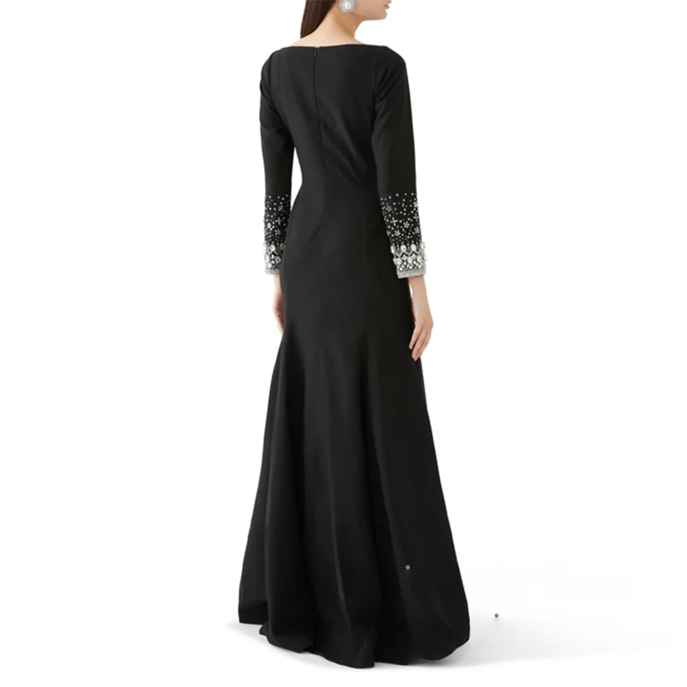 AdoreCustomized Arabisches Ballkleid mit U-Ausschnitt und langen Ärmeln, Kristallstein, saudfarbenes arabisches Abendkleid mit Umhang, schwarzes Meerjungfrau-Partykleid