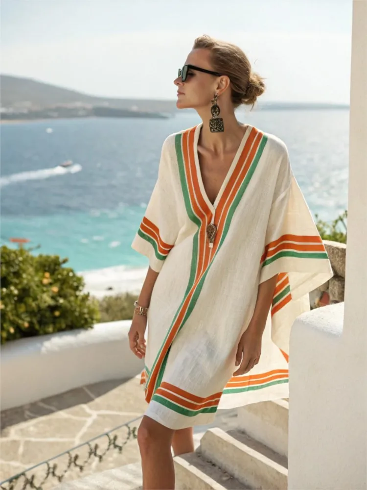 

2025 Women's Fashion Summer Dress V-neck Dresses Short Sleeved Casual Loose Ropa De Mujer Dresses Printed Vestidos Para Mujer