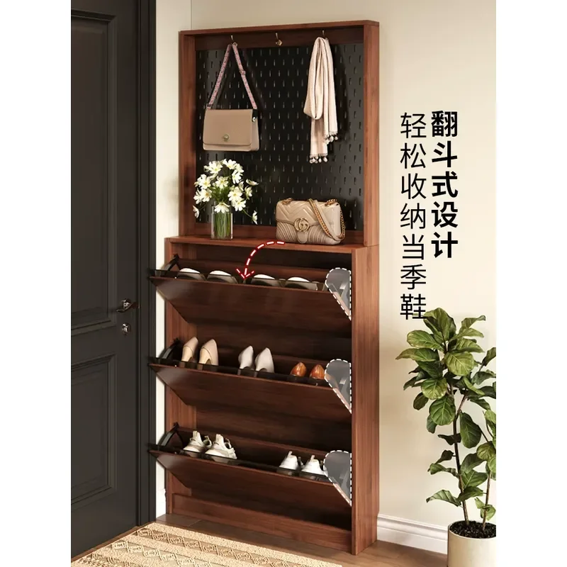 Solid wood shoe cabinet household door ultra-thin and extremely narrow new tipping bucket shoe cabinet hole board integrated