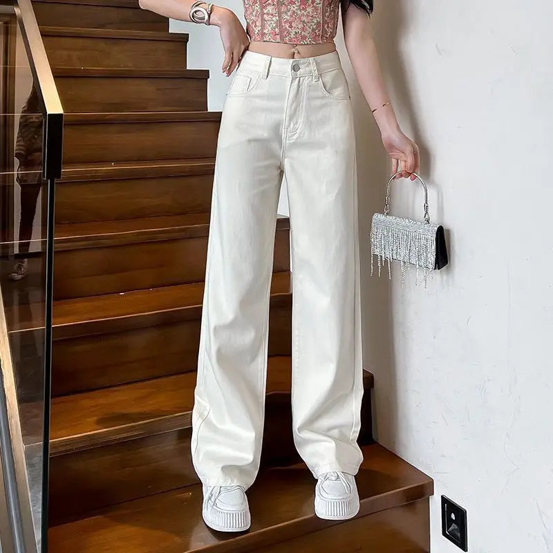 High Waist Wide Leg Denim Jeans Women's Spring Autumn New Style White Denim Pants Draped Straight Tube Pants Washed Versatile...