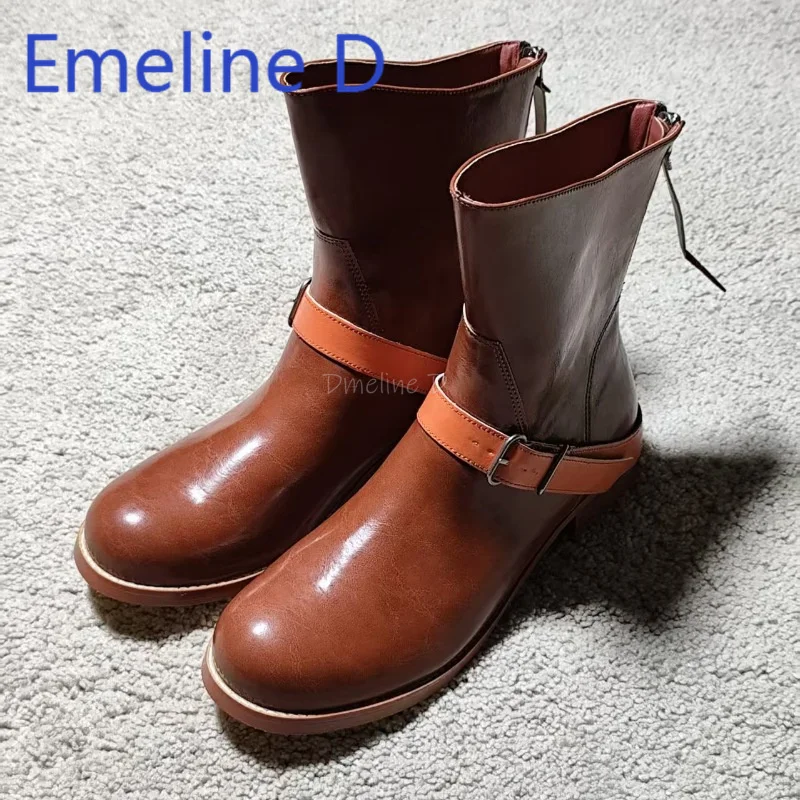 

Deep Red Men's Short Boots Retro Upturned Engineering Boots Men's Thick Heels, Leather Belt Decoration Handsome and Cool Boots