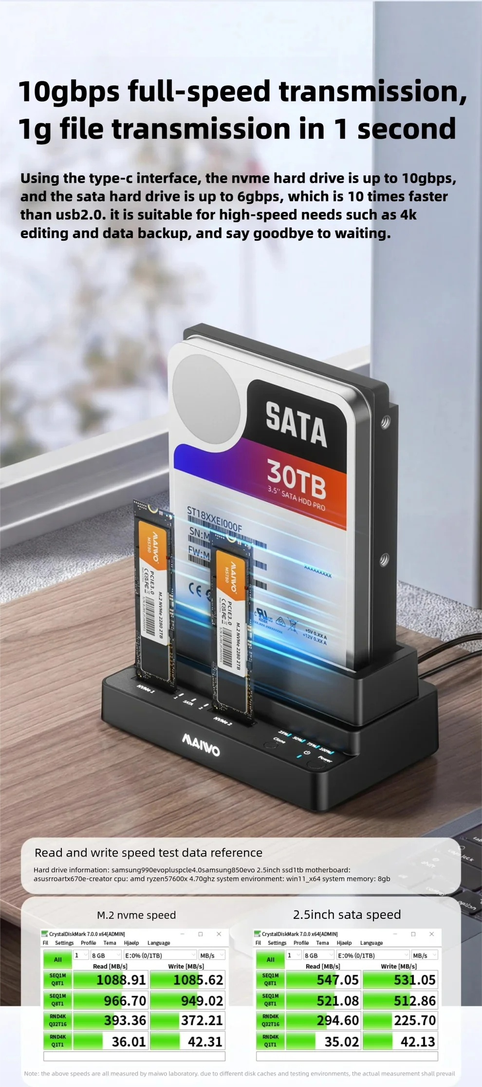 MAIWO 3-Bay Dockingstation Adapter 10Gbps für M.2 NVME SSD & 2,5 3,5 Zoll SATA HDD SSD Unterstützt Offline-Klonen für PC Laptop – Detail 6