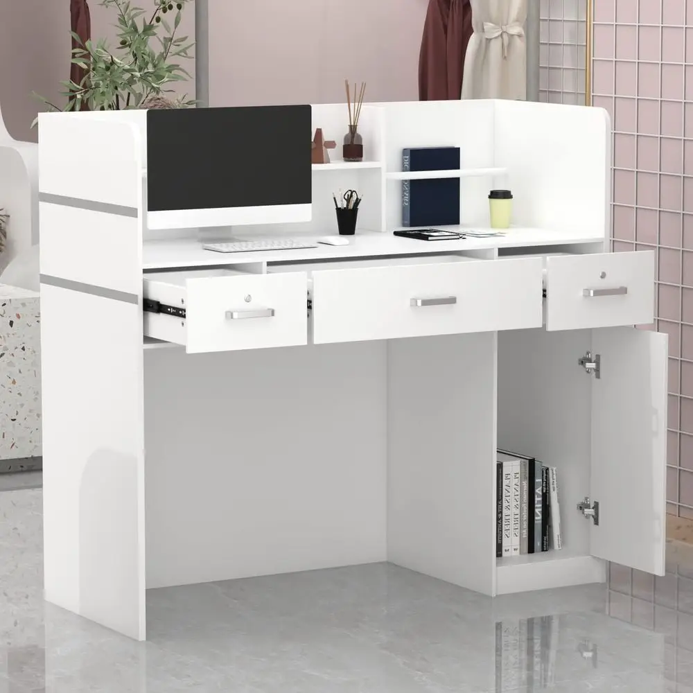 

White Wooden Reception Desk with Open Shelves and Lockable Drawers for Office Lobby