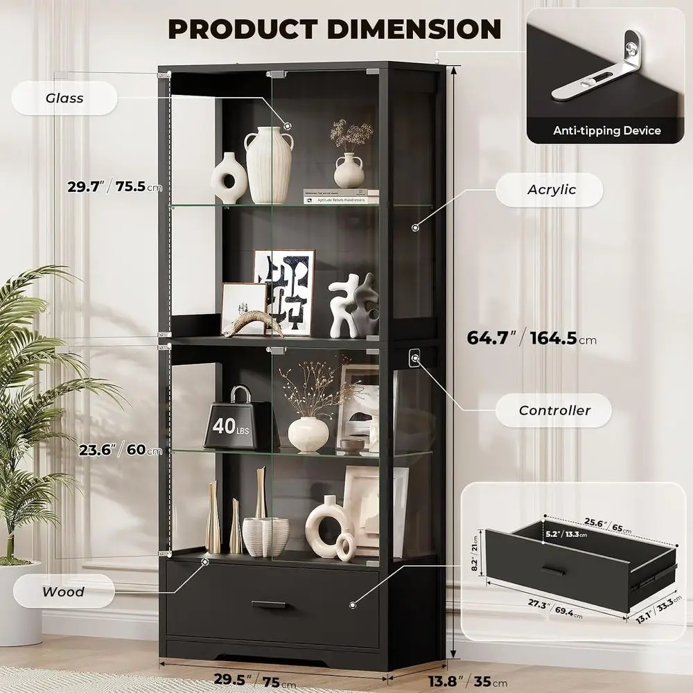 4-Tier Glass Curio Cabinet with Adjustable Shelves, 3-Color Light & Human Body Sensor, Black view 2