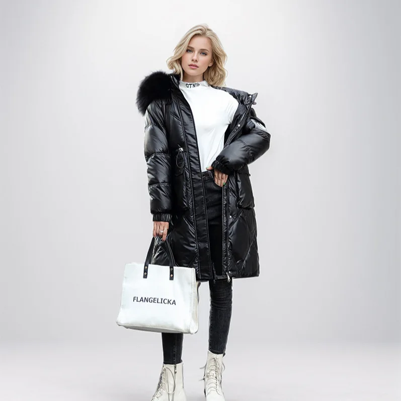 Giacca di cotone brillante Non lavabile 2024 nuovo inverno collo di pelliccia femminile addensare caldo lungo parka cappotto donna cappotti abbigliamento donna