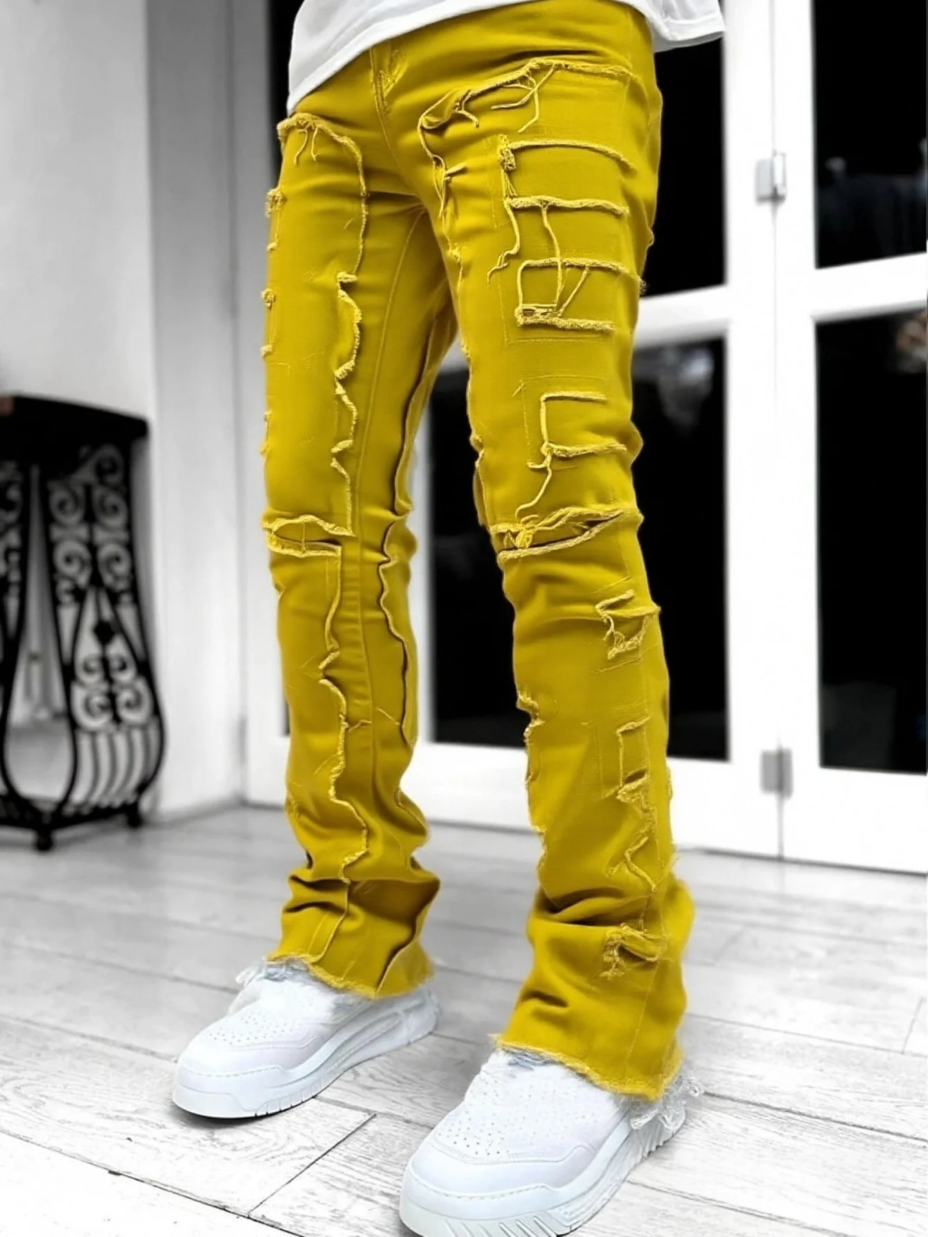 2025, neues Produkt, schmal geschnittene Schlaghose für Herren, Farbe, Patchwork-Stil, Retro, futuristische Atmosphäre, mehrere Farboptionen