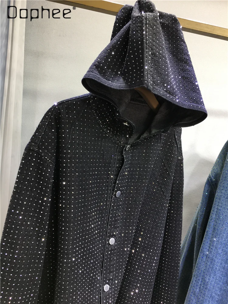 Giacca nera con strass pesanti da donna Cappotto con cappuccio di media lunghezza allentato blu denim lucido Giacca di jeans versatile monopetto