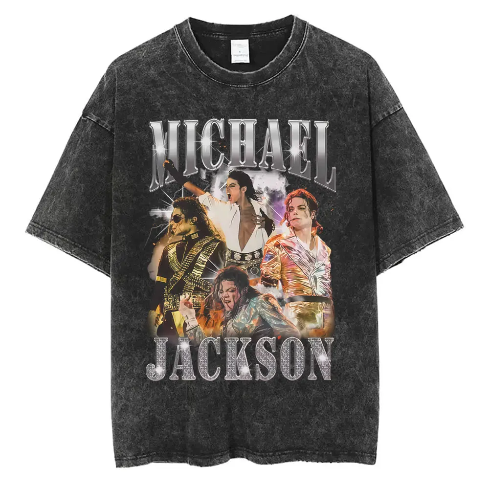 Classic Michael Jackson King of Pop Washed Vintage T-shirt Men Women Fashion Retro Rock T-shirts Men's Hip Hop Oversized T Shirt