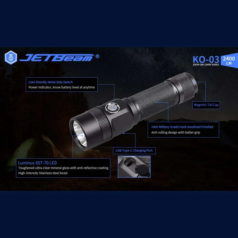JETBeam KO-03 EDC Tacticus Светодиодный фонарик — перезаряжаемый через USB-C, водостойкий, 2400 люмен, ежедневный фонарь для переноски