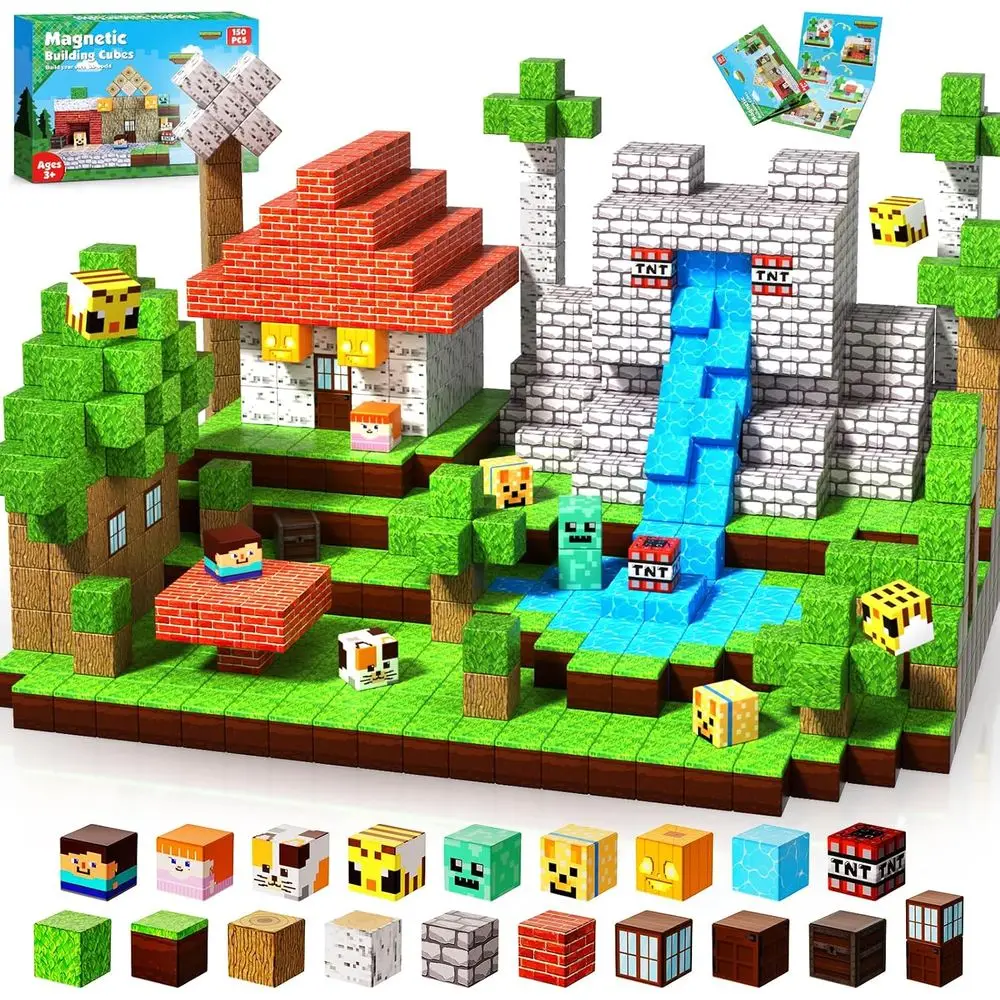 

Magnetic Building Blocks - 150 Pieces for Constructing Windmill & Homesteads - Montessori-Inspired STEM Toys for Kids Aged 3-10